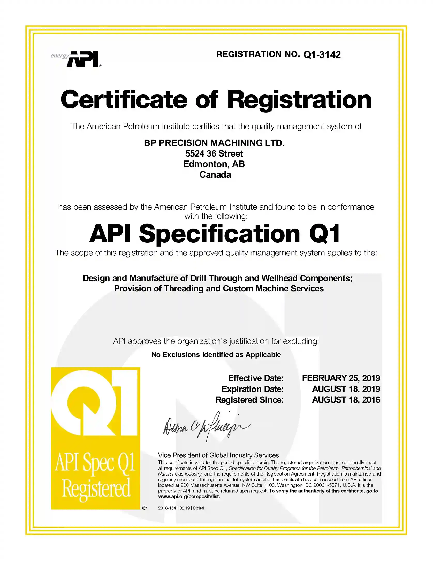 API Specification Q1 BP Precision Machine